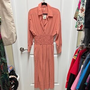 Elegant Coral Shirred Waist Dress